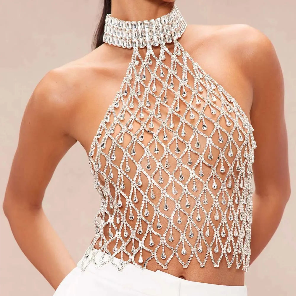 Stonefans Exaggeration Mesh Chest Chain Jewellery Rhinestone Fashion Costume Dance Bohemian Embellished Top Bra Decoration Gifts