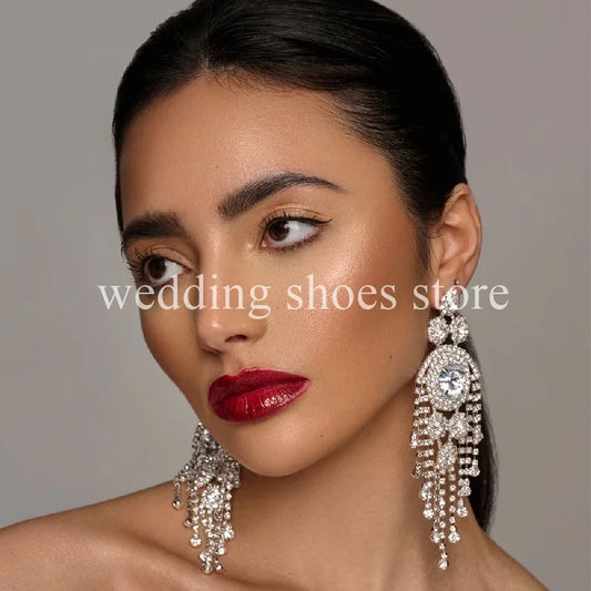 Wedding Tassel Rhinestones Women's Big Earrings Trend Luxury Chain Women Diamond-bordered Chain Earrings Sexy Party Earrings