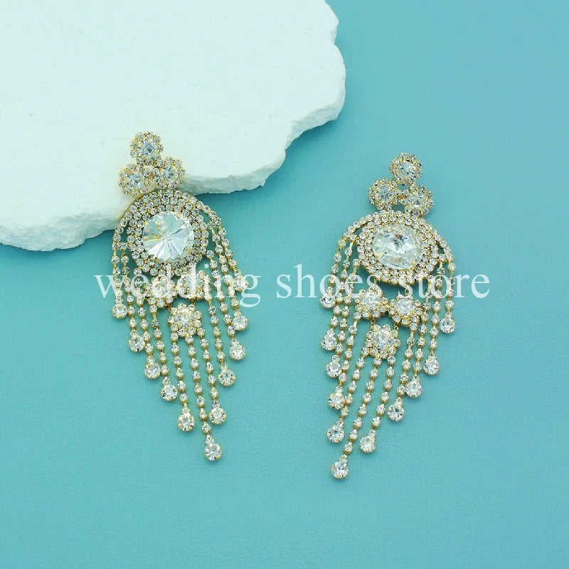 Wedding Tassel Rhinestones Women's Big Earrings Trend Luxury Chain Women Diamond-bordered Chain Earrings Sexy Party Earrings