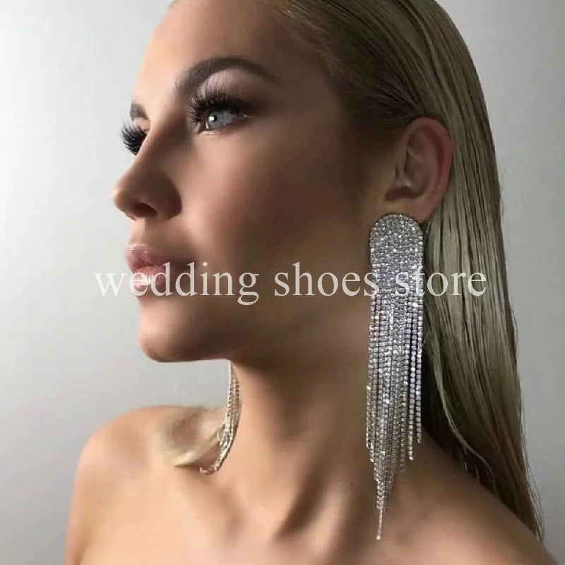 Wedding New Super Flash Diamond Long Tassel Earrings Women Diamond-bordered Claw Chain Earrings Temperament Party Earrings